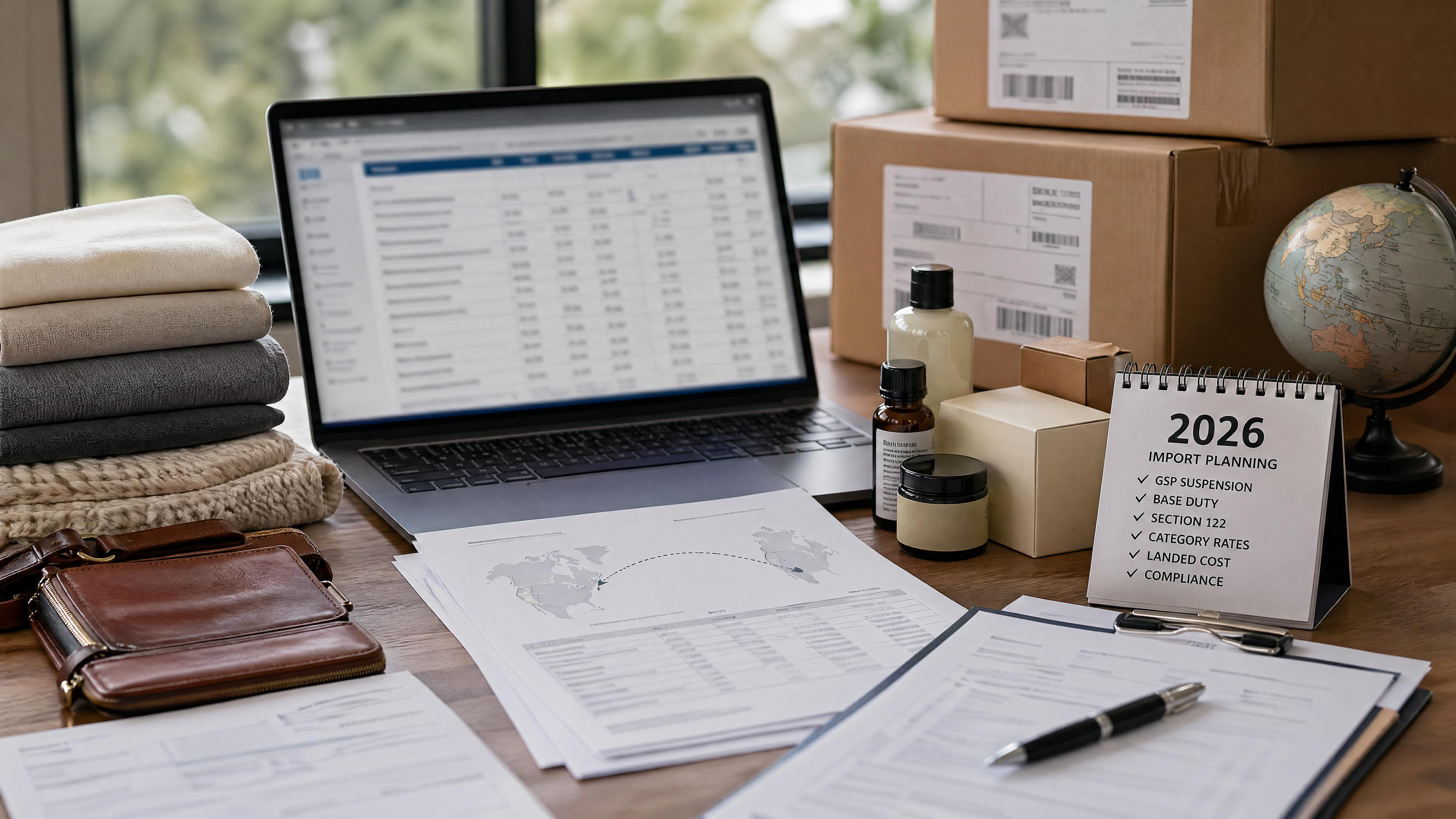 Editorial photo of imported goods, customs documents, and a product-specific U.S. duty review for goods from India.